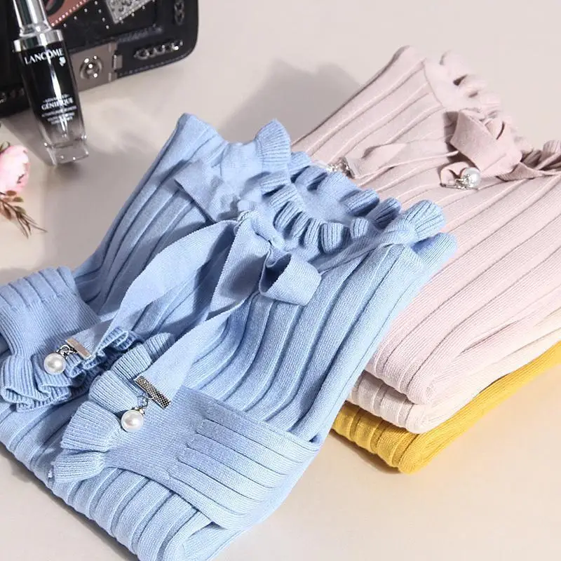 

New Autumn Winter Sweater Women Slim Elegant Office Wear Lotus Leaf Long Sleeved Pullover Knitted Woman Solid Bow Pearl Sweaters