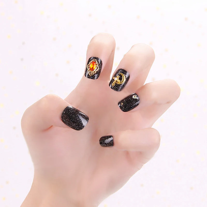 24pc/set Punk Rhinestone Fake Nails Short Round Head Full Cover Black Design Fashion Nail Art | Красота и здоровье