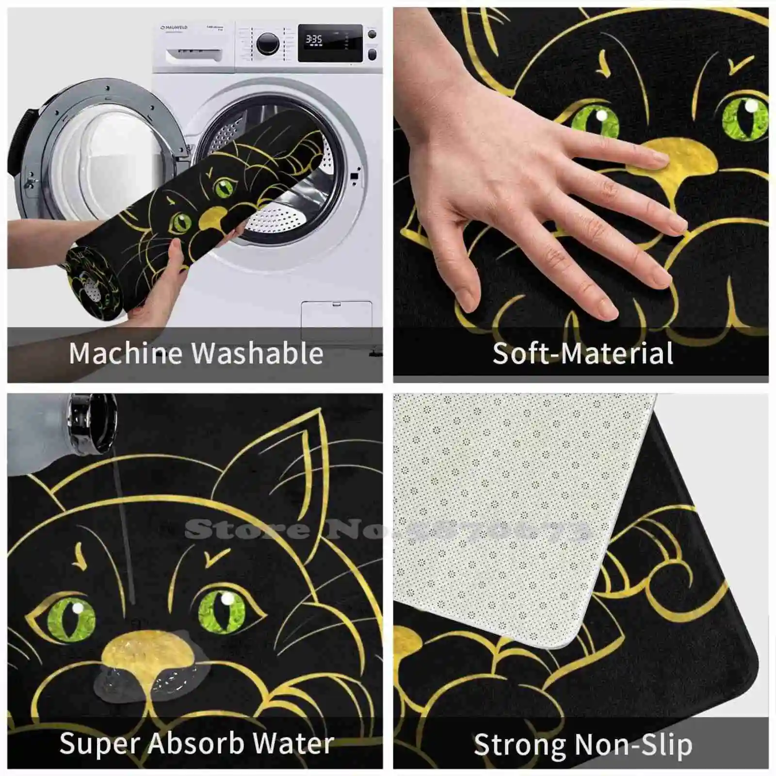 Black Cat With Green Glitter Eyes And Gold Outline 3D Household Goods Mat Rug Carpet Cushion Cats Eye Feline | Дом и сад