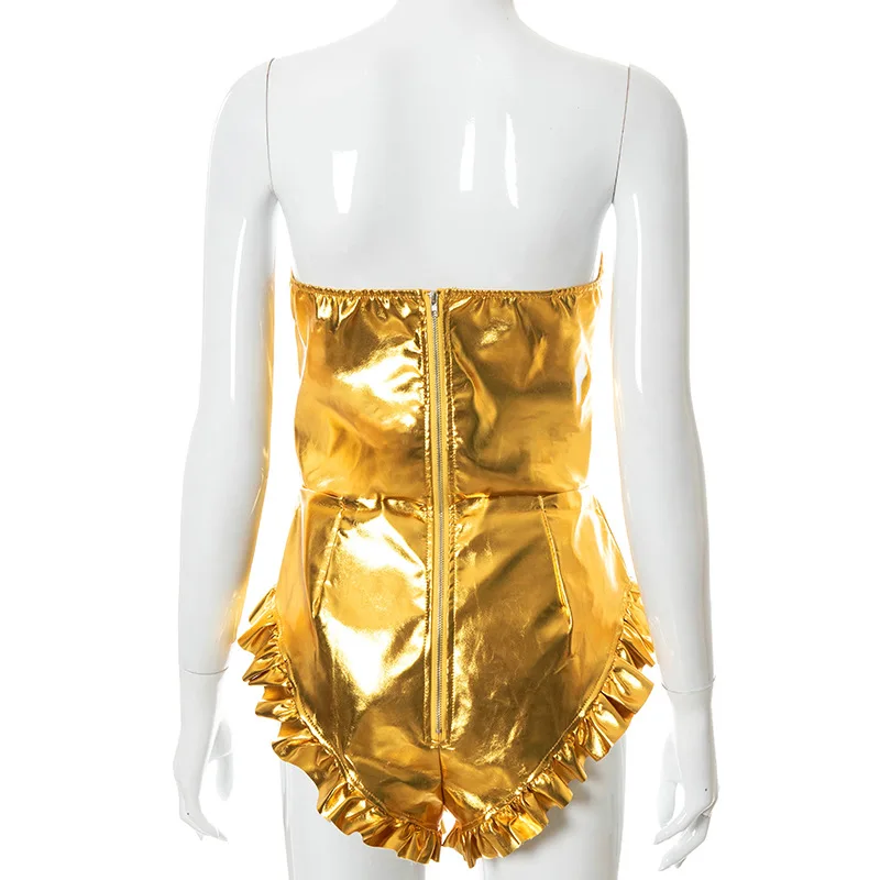 

Golden Sexy Ruffles Pu Leather Bodysuits Women Silver V Style Skinny Solid Color Rompers Party Nightclub Mid Waist Slim Playsuit
