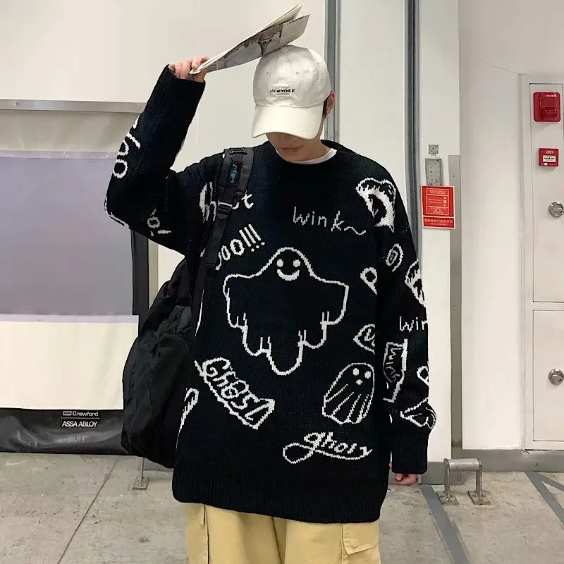 

Men Hip Hop Sweater Cartoon Casual Loose Knitted Pullover Autumn Winter Knitted Men's Sweater Couple Unisex Design