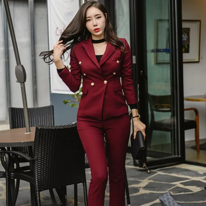 

High Quality 2 Piece Set Wine Red Formal Pant Suit Blazer Office Lady Designs Women Soft Jacket and Length Pant