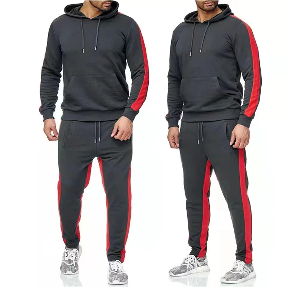 

Conjunto de moletom masculino com capuz, 2 peças, para outono e inverno, blusa com cordão, calças, estilo listras2021