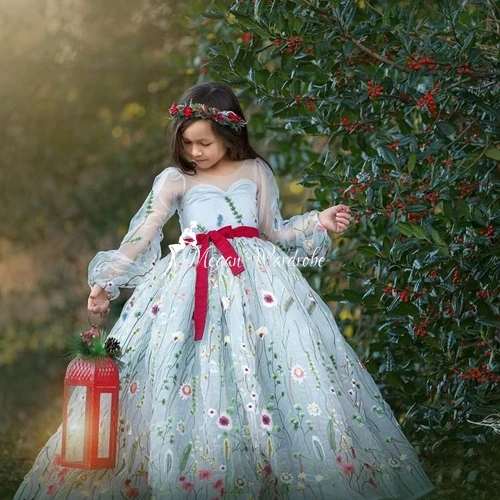 

Garden Flowers Appliques A-Line Illusion Tulle Prom Gowns Girls Dreamlike Sheer Full Latern Sleeves Birthday Party Dress Kids