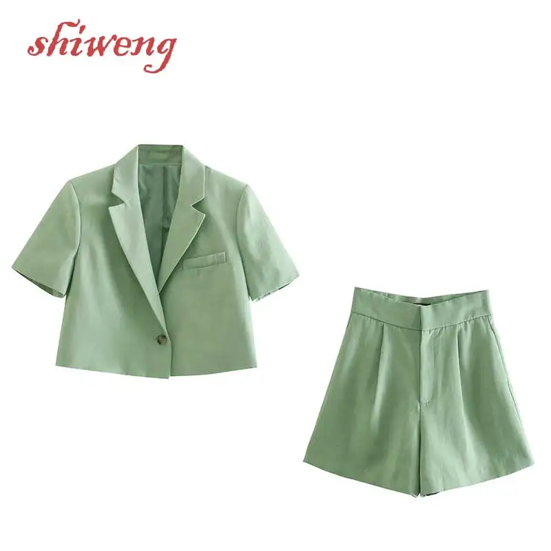 

JIAOU Women's Solid mustard green one-button suit collar short suit + high-waist pleated A-line casual shorts Summer suits
