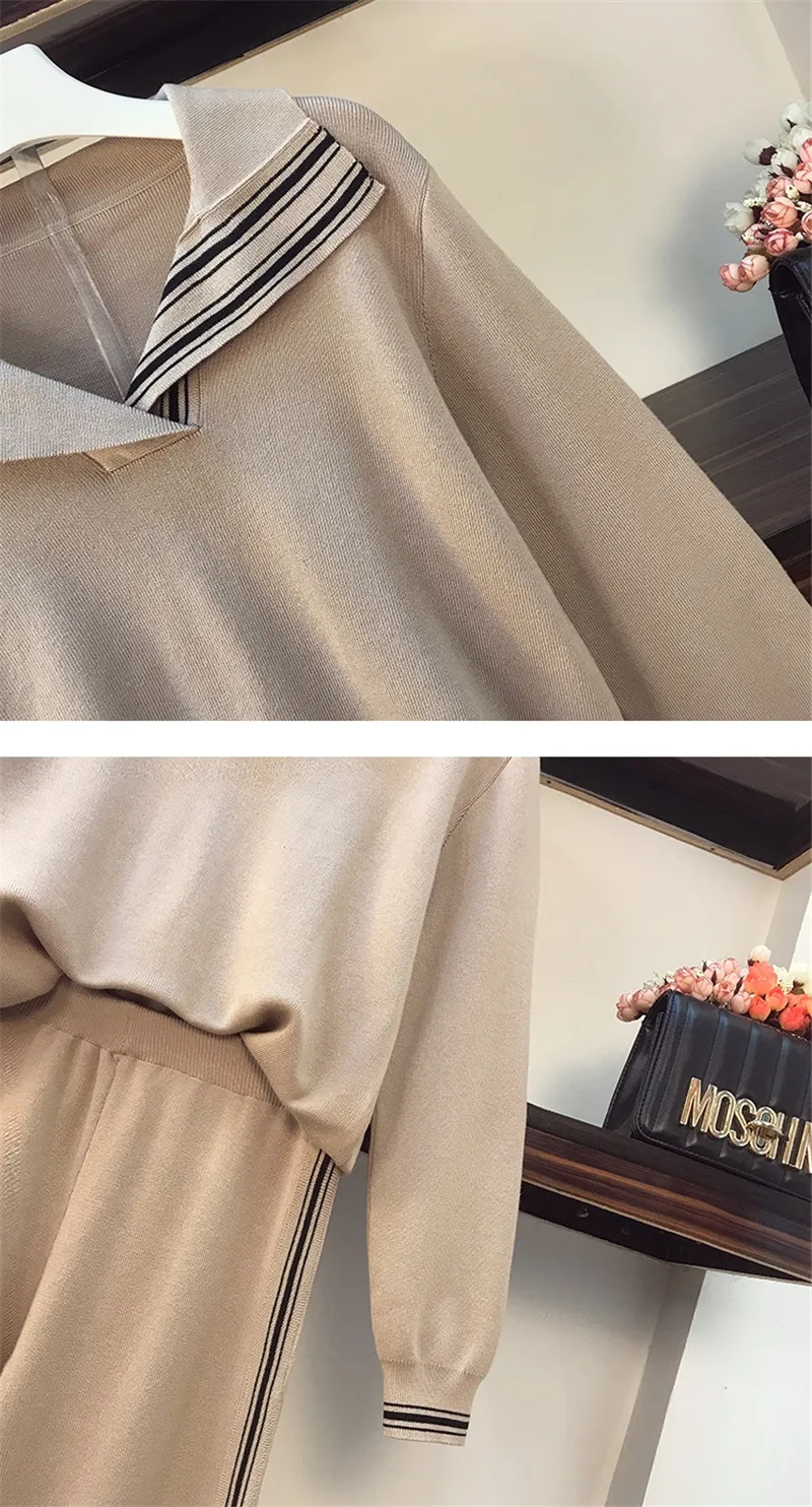 

Plus Size M-4XL Two Piece Set Knitted Elastic Waist Wide Legs Pants + Casual Loose Long Sleeve Sweater Fall Clothes for Women