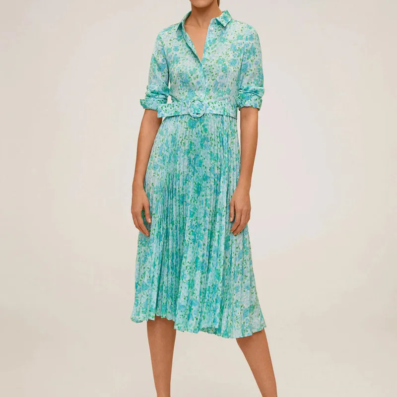 Женское плиссированное платье миди с принтом летнее длинным рукавом и