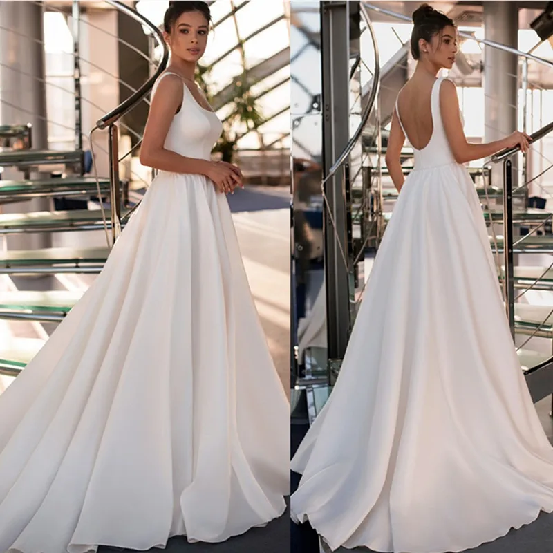 

Ball Gown Princess Wedding Dresses 2021 For Women Sleeveless Backless Boat Neck Satin White Dresses Robe De Soirée De Mariage