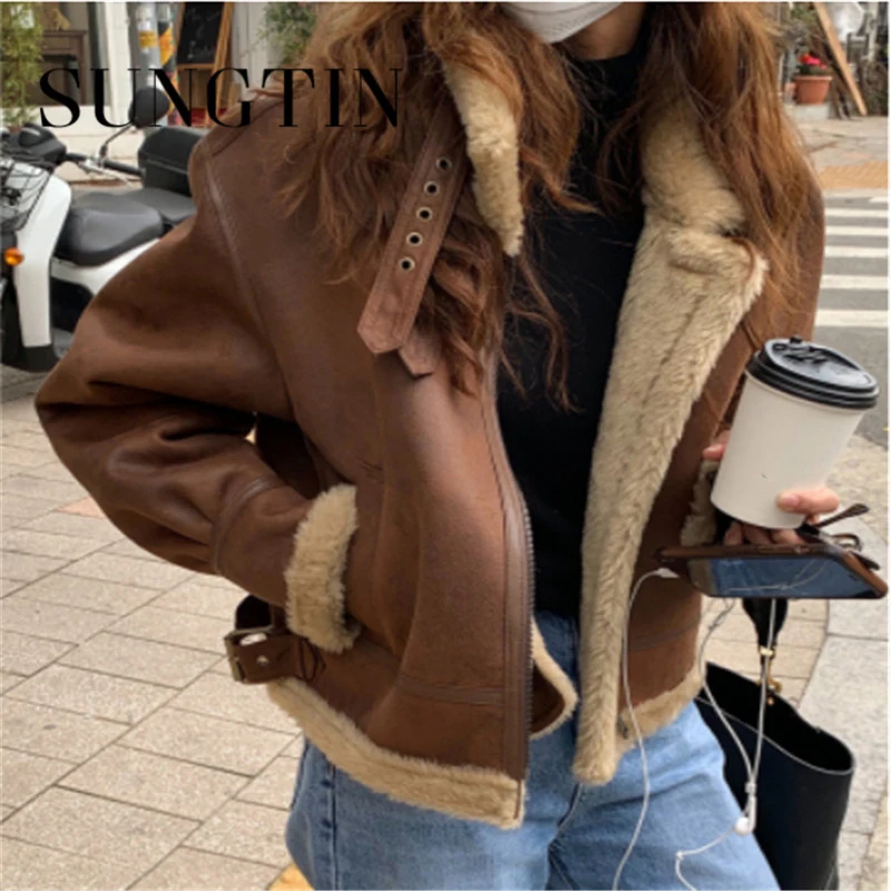 

Sungtin Wool Fleece Patchwork Faux Leather Jackets Women Winter Thicken Fur Pu Short Overcoat Female Loose Streetwear Vintage