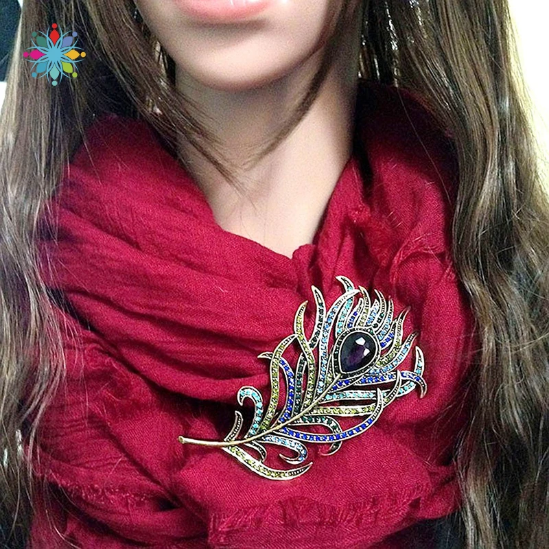 

Vintage Feather Bronze Large Brooch Pin Antique Gold Crystal Rhinestone Metal Jewelry Accessories for Women tlsm