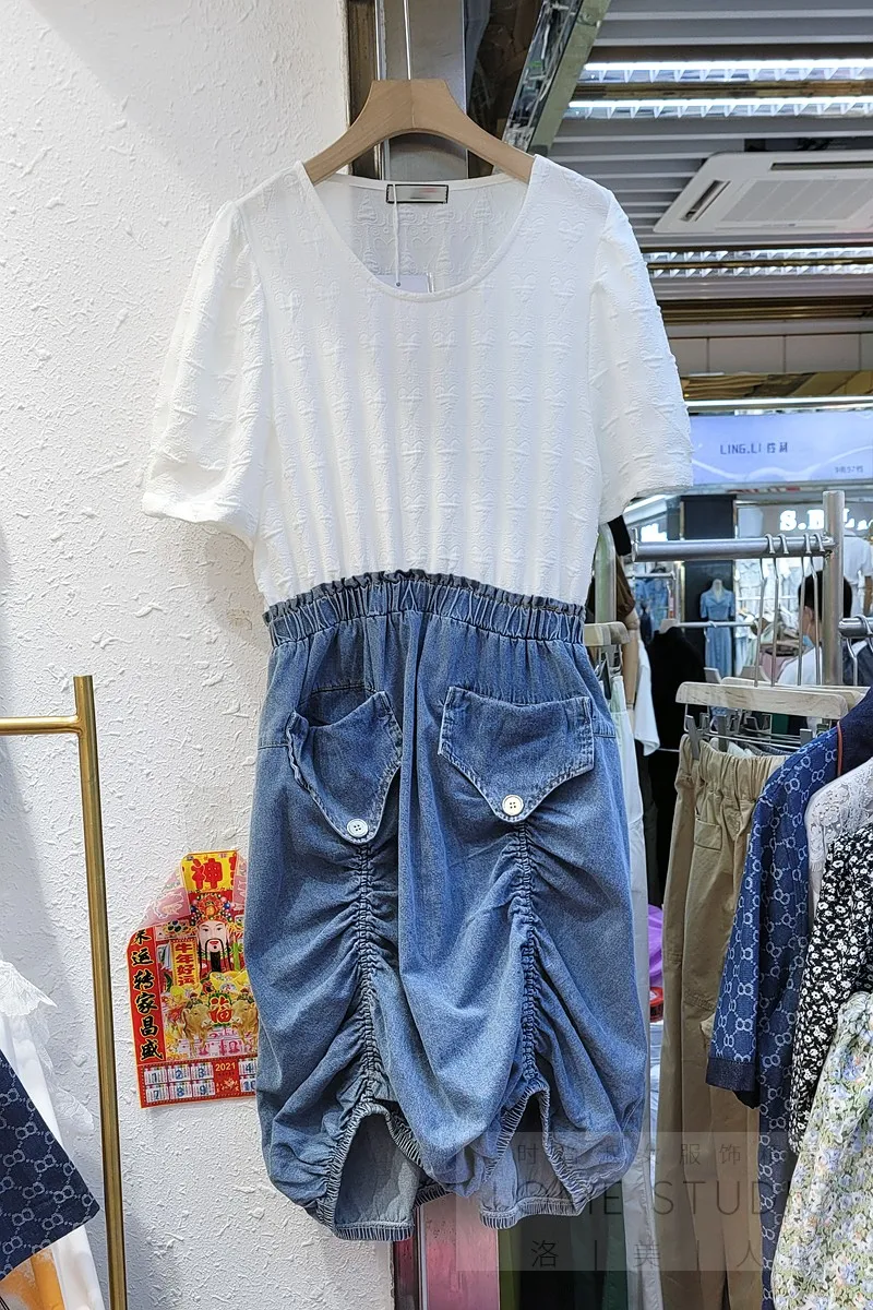 

Women Short Sleeve Patchwork Dress 2021 Summer Round Neck Stitching Mid Length Denim Pleated Dress Female Elegant Dress