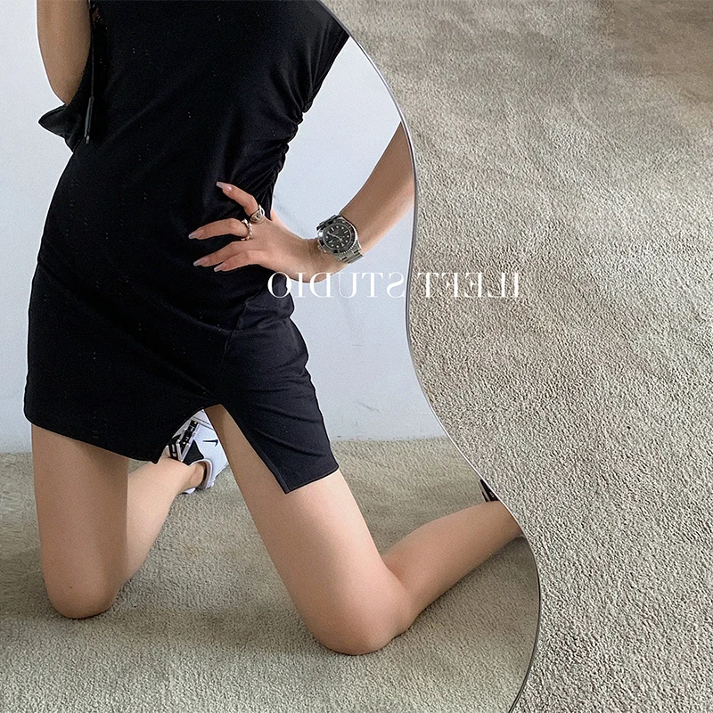 

2021 Summer New Style Tight Waist Sneaky Design A- line Split Small French Style Temperament Black Square Collar Dress for Women
