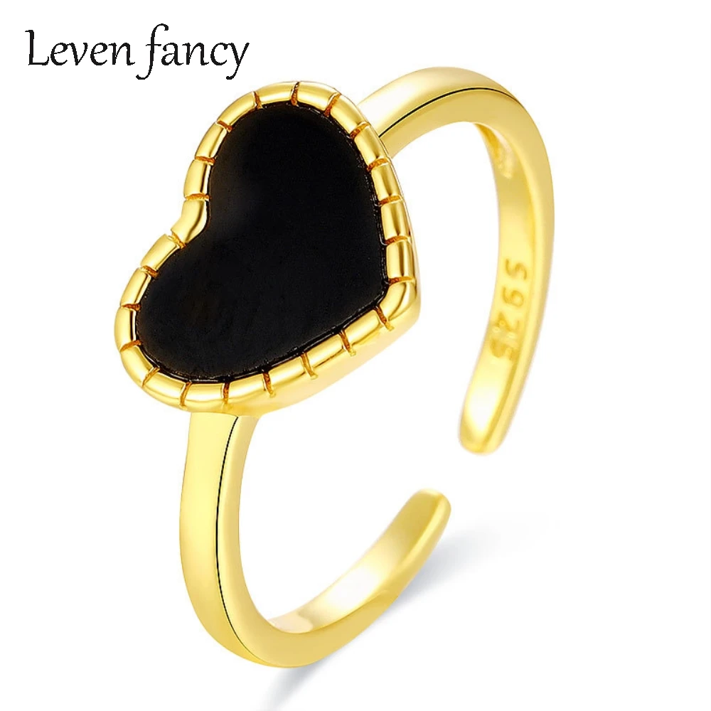 

S925 Sterling Silver Heart Shaped Natural Black Onyx Gem Stone Rings Wedding Engagement Promise Statement Anniversary Ring