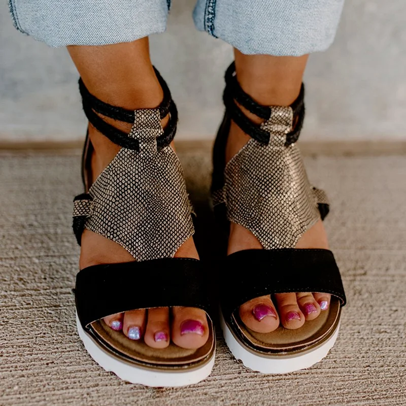 

2021 Summer Ladies Leopard Print Color Blocking Open Toe Sandals Hemp Rope Woven Hollow Shoes Casual Flat Ladies Sandals