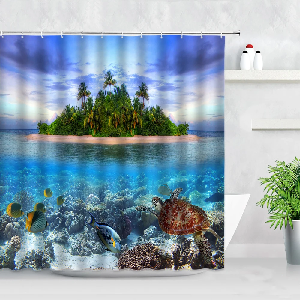 Dolphin Ocean Landscape Shower Curtains Sunset Sea Waves Shark Fish Marine Animals Decor Bathroom Waterproof Bath Curtain Hooks | Дом и сад