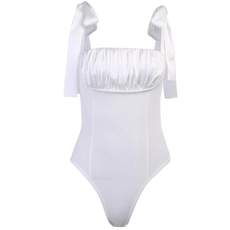 

New Solid Color Slim Sexy Pleated Wrap-around Lace-up Strap Bodysuit White Jumpsuit