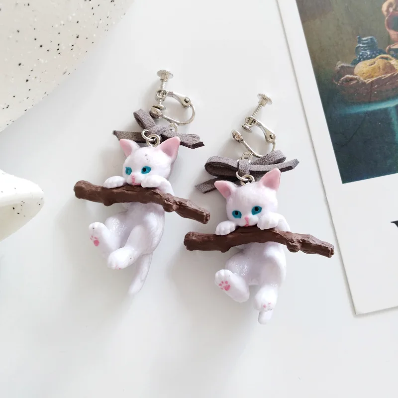 Большие серьги клипсы с кошкой женские клипсой не проколотые уши милые животные