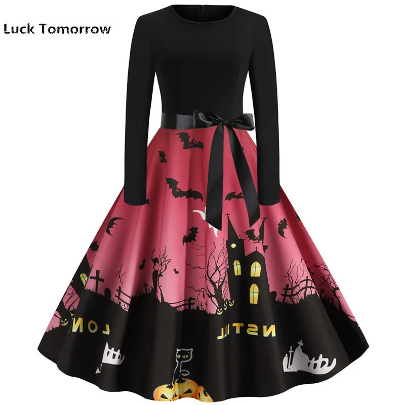 Женское платье с длинным рукавом зеленое в стиле 50-60-х годов тыквой черепом на