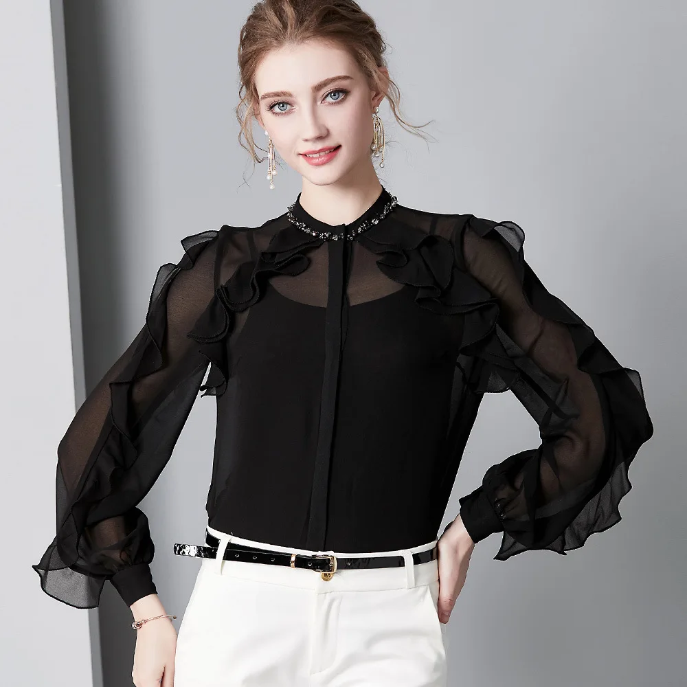 Vintage Real Silk Blouse Womens Tops and Blouses Elegant Clothes Long Sleeve Ruffles Shirts Spring Autumn Shirt 5343