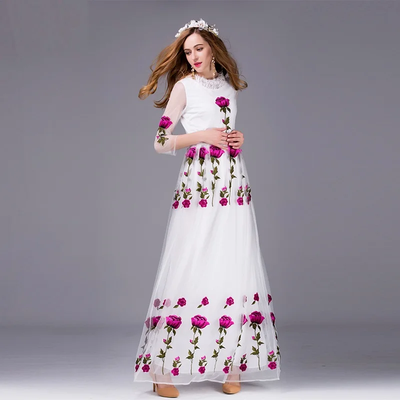 

NEW Long party dress spring summer flower dress Women luxury Dress fashion ladies Embroidery free shipping dresses white