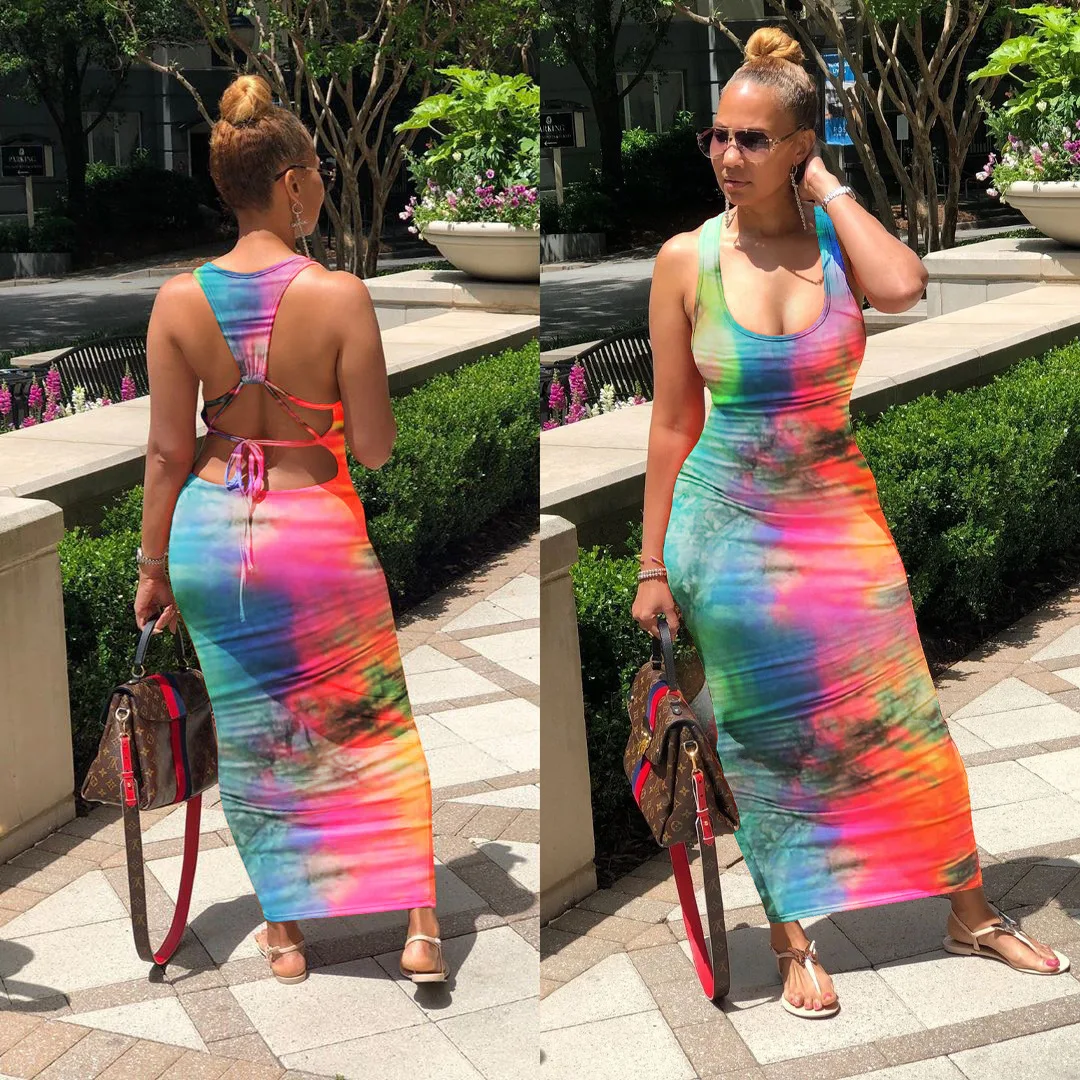 

Tie Dye Print Sexy Long Dress Backless Bandage Maxi Dresses Sleeveless Vintge Vestidos Beach Party Club Outfis Sundress