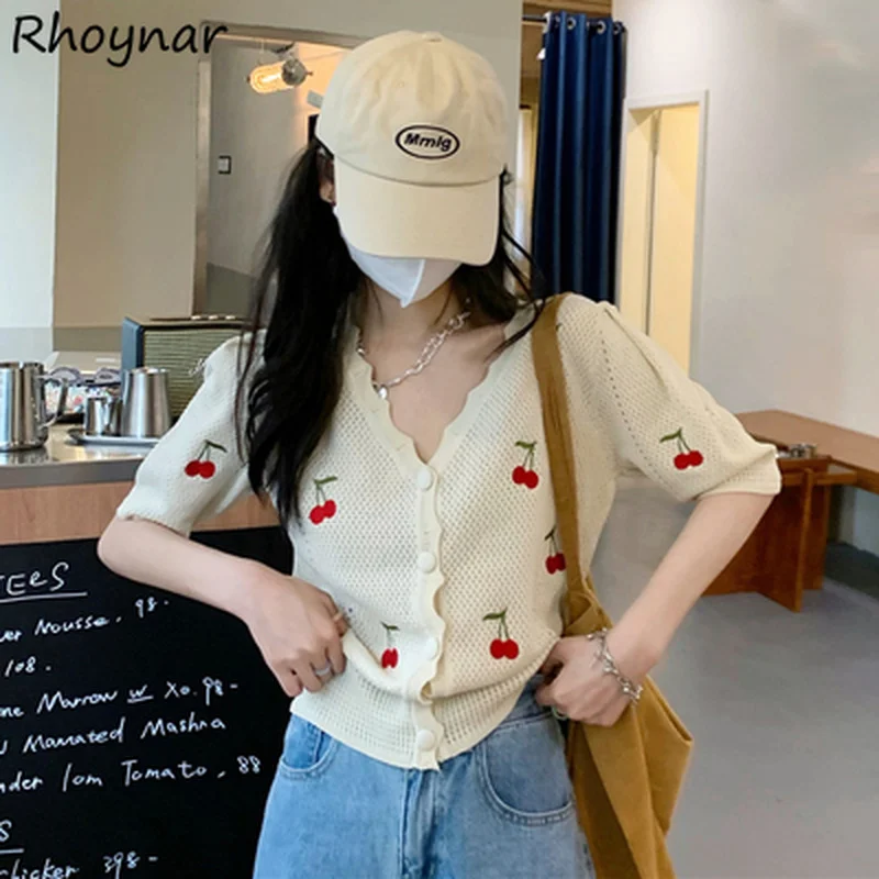 

Свитера женские с V-образным вырезом и коротким рукавом, милая дышащая вязаная уютная Дамская кофта с вырезами, студенческий кардиган в Коре...