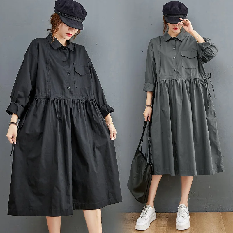 

2022 Autumn New Loose Casual Slimming Shirt Dress Korean Simple Solid Color All-match Elegant Elastic Women Dress Free Shipping
