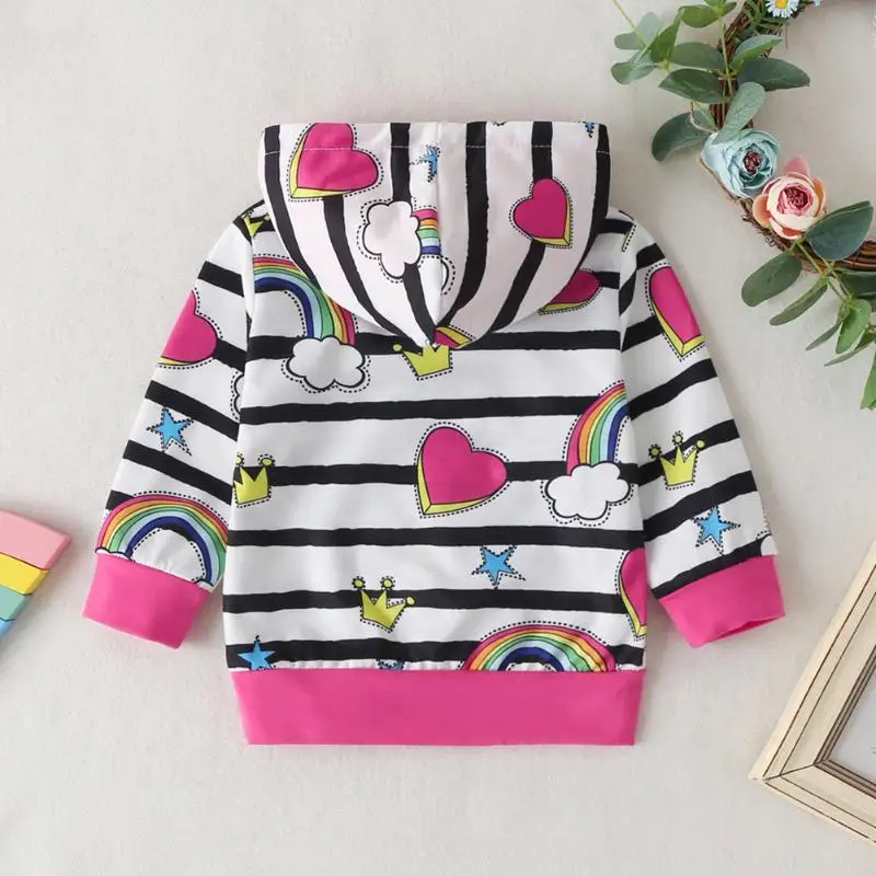 Leisure Kids Girls Fashion Sweatshirt Warm Long Sleeve Striped Rainbow Printing Splicing Hoodies Sports Top Cotton Baby Clothes