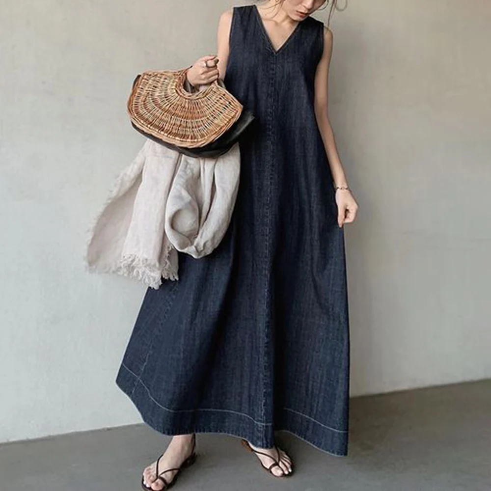 

Women Dress Sleevess A-Line Denim Fashion Fabric Belt Pullover New Korean Japanese Plain Summer Ladies V-neck Ankle-length Dress