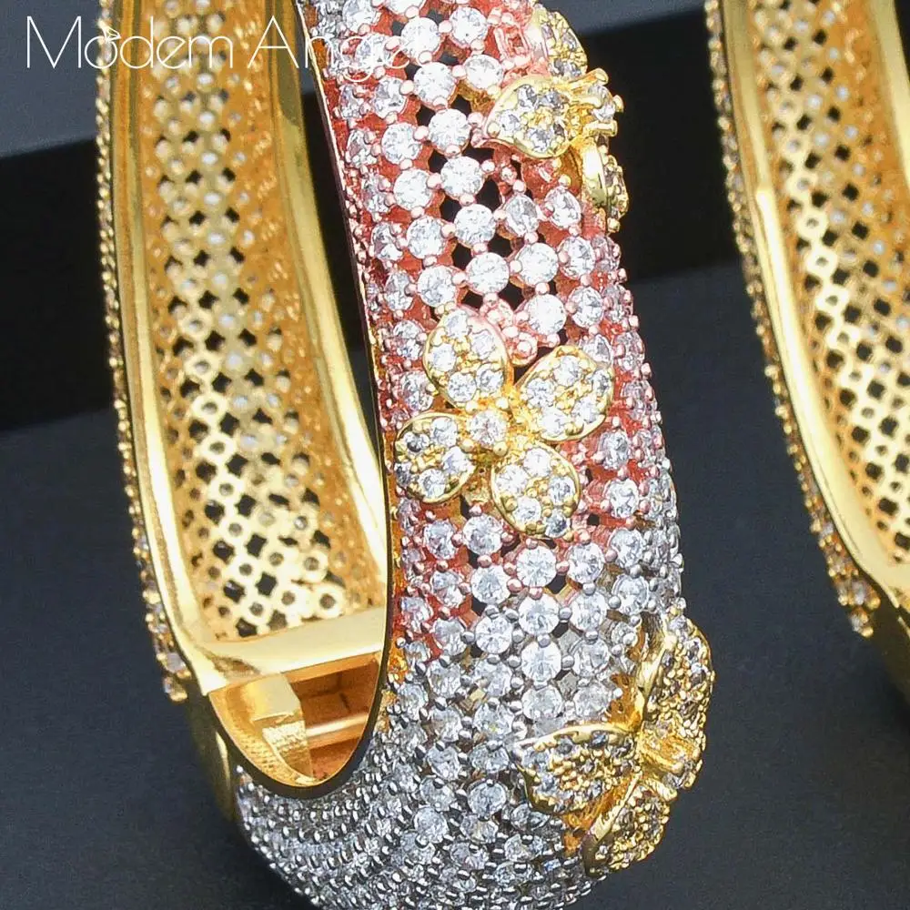 

ModemAngel Luxury Flowers Circle Shape Earrings Three Tones Color Cubic Zircons Copper Women Wedding DUBAI Bridal Hoop Earrings