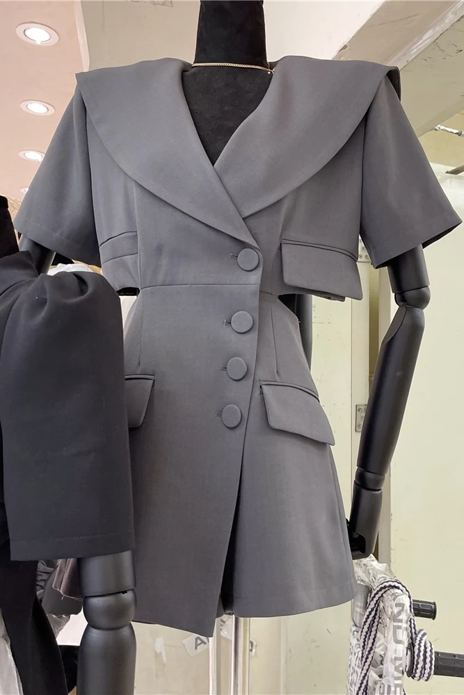 

2021 Summer Women Elegant Fashion Sailor Collar Backless Suit Dress Waist-slimming Single-breasted Gray Dress for Lady