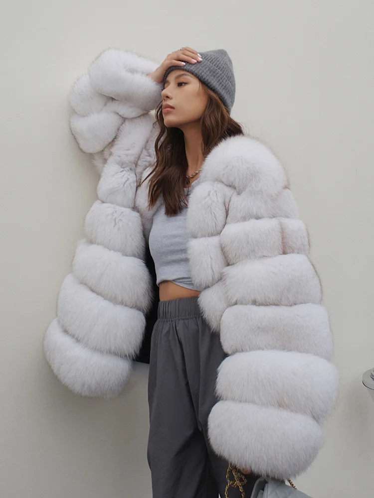 Women Natural Fox Fur Coat 2022 New High Quality Genuine Fox Fur Jackets V-neck Luxury Woman Fur Overcoats Whole Skin Fox Coats enlarge