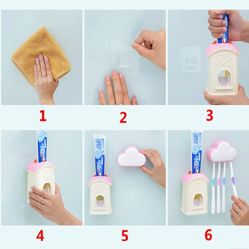 

Wall-mounted Automatic Toothpaste Dispenser 4 Toothbrush Holder Bathroom Washing Set Toothpaste Squeezer Toothbrush Storage rack