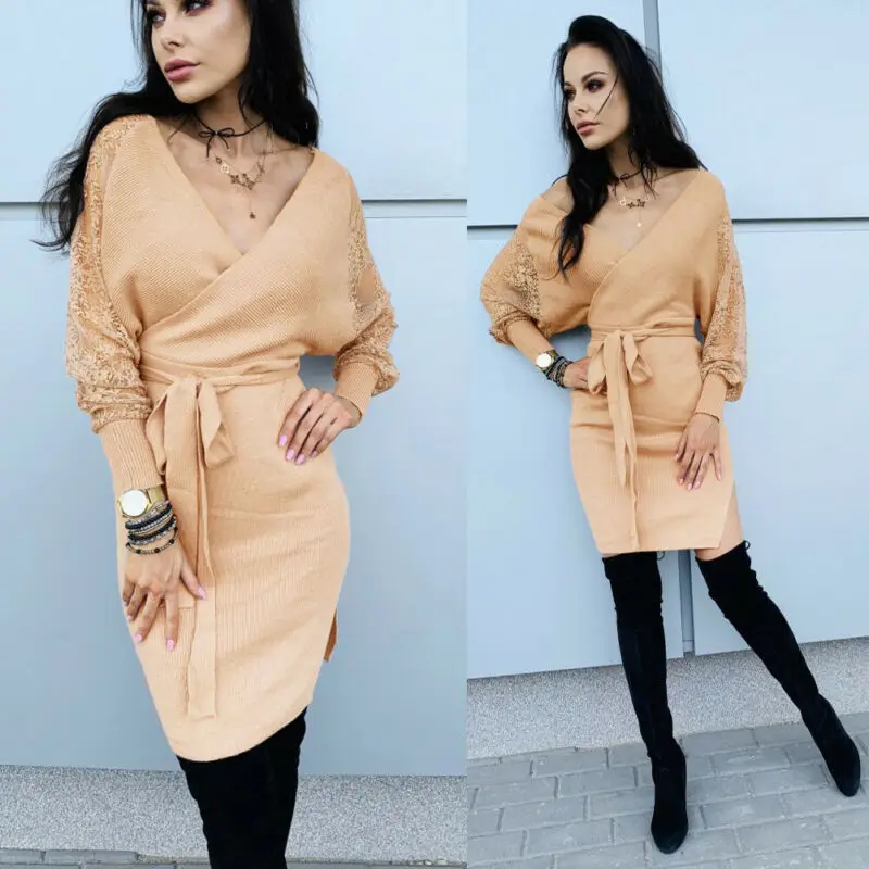 Женское трикотажное платье свитер винтажное Клубное цвета хаки с длинным