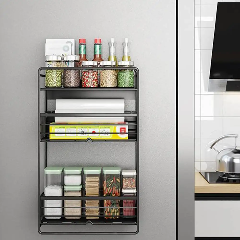 

3-Tier-Metal-Refrigerator-Side-Storage-Organizer-Rack-Fridge-Spice-Rack-Multi-Use-Refrigerator-Side-Shelf For Kitchen Bathroom