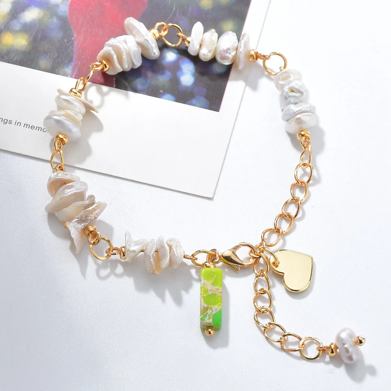 New Women Irregular Natural Freshwater Pearl Charm Baroque Link Chain Bracelets Stone Heart Shaped Pendant Bracelet Gift | Украшения и