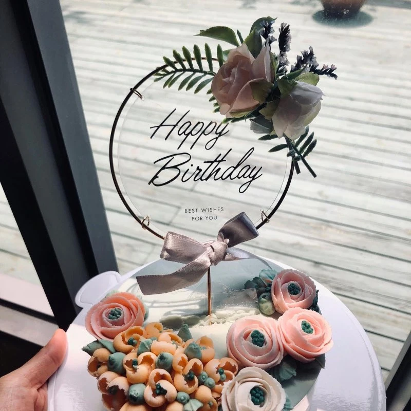 

Artificial Flowers Acrylic Happy Birthday Cake Topper Birthday Party Decor Baby Shower Wedding Gender Secret Party Dessert Decor
