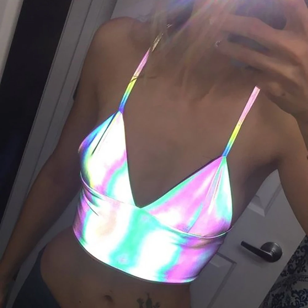 

Sexy Holographic Bralette Crop Top Strap Reflective Fashion Camis Hot Summer Women V Neck Sleeveless Backless Tanks Tops shiny
