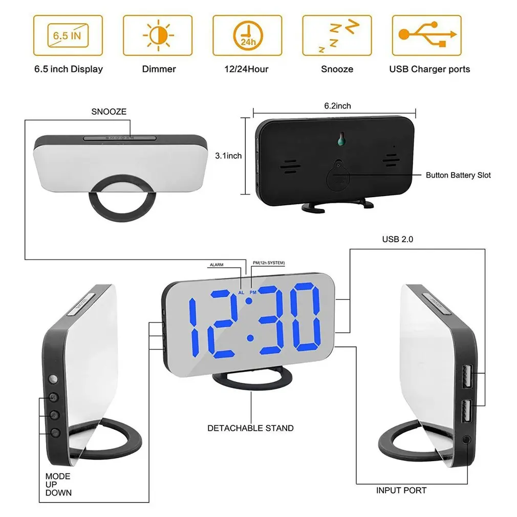 

Mirror LED Digital Alarm Clock Snooze Dual USB Phone Charging Electronic Clocks Table Clock for Bedroom Office Home Decoration