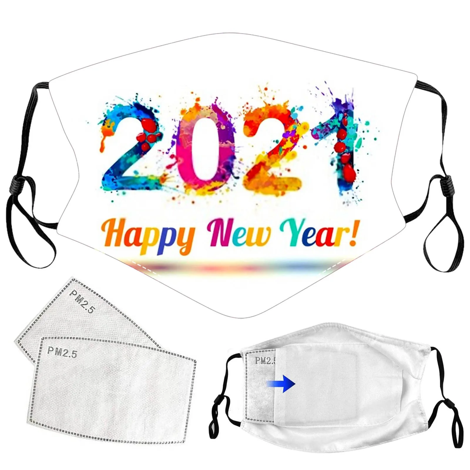 

5PC +10PCS Filters Adult's Mask New Year's Day 2021 Printing Breathable Washable 3 Ear loop Mask