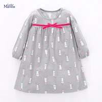 little maven new spring autumn kids gray rabbit bunny printed o neck girls 2 6yrs bow full sleeved cotton knitted casual dresses