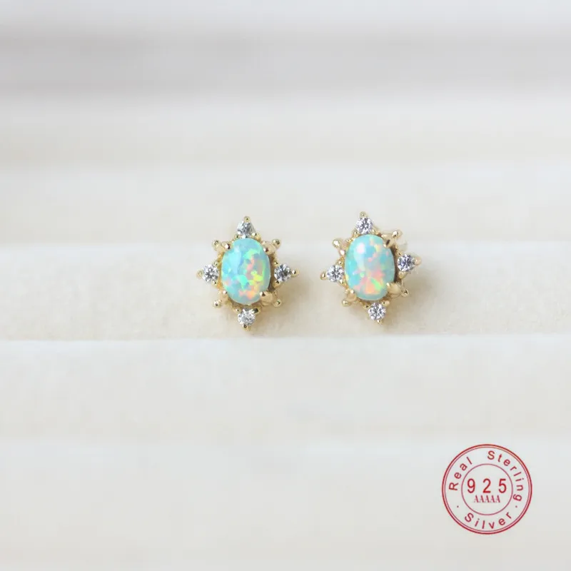 HI MAN 925 Sterling Silver Colorful Oval Four Prong Opal Stud Earrings Women 14K Gold Plated Japanese Vintage Jewelry