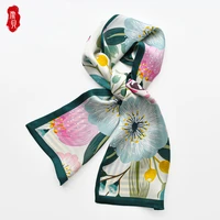 green flower printing 100 silk scarf women luxury hair towel scarves for girls brand hijab headband bandana ribbon handkerchief
