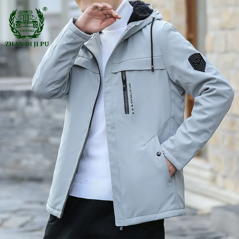 

Korean Style Jacket Men Fashion Solid Color Multiple Pockets Zipper Coats Male Autumn Winter Casual Fleece Hooded Mens Jackets