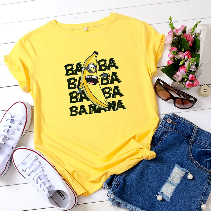 

Large Size Women Summer Banana T-shirt O Neck Loose Cotton Tops Cute Cartoon Letter Print Tee Shirt Streetwear