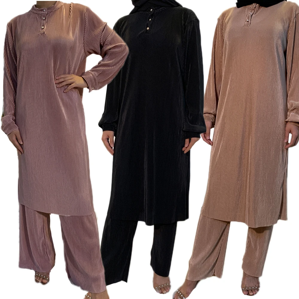 

Muslim Set Pleated Long Tops Pants Women Arab Abaya Pullover Islamic Ramadan Casual Eid Solid Color Middle East Suit Turkish New