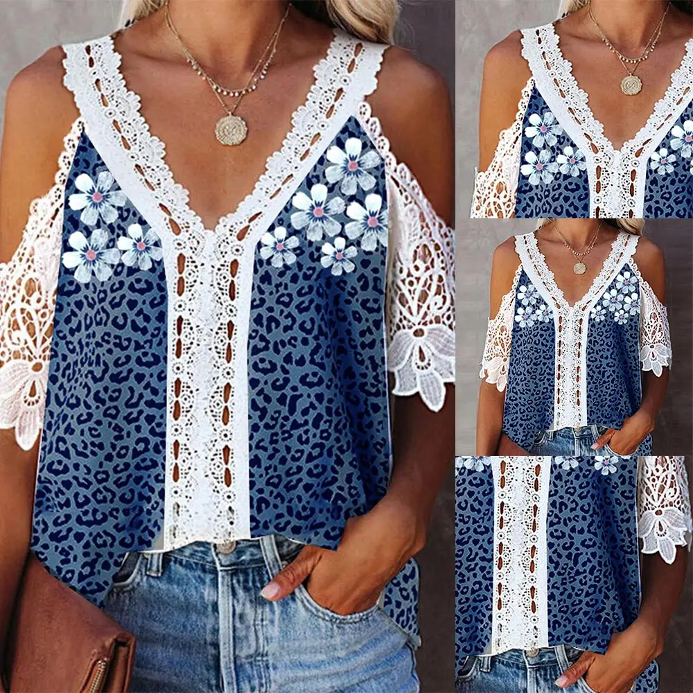

Fashion Leopard Print Off Shoulder Tops V-Neck Sexy Lace Stitching Short Sleeve T Shirt Hollow Strap Street Blouse top mujer D30