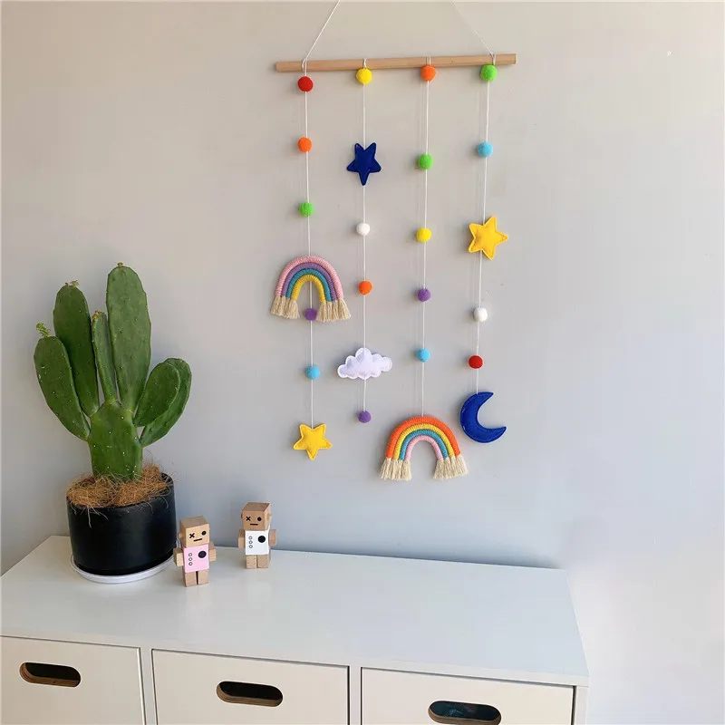 

Hand-woven Ornament Round Ball Stars Moon Colorful Arch Bridge Pendant Home Decor Photo Organize Storage Rack Bedroom Decoration