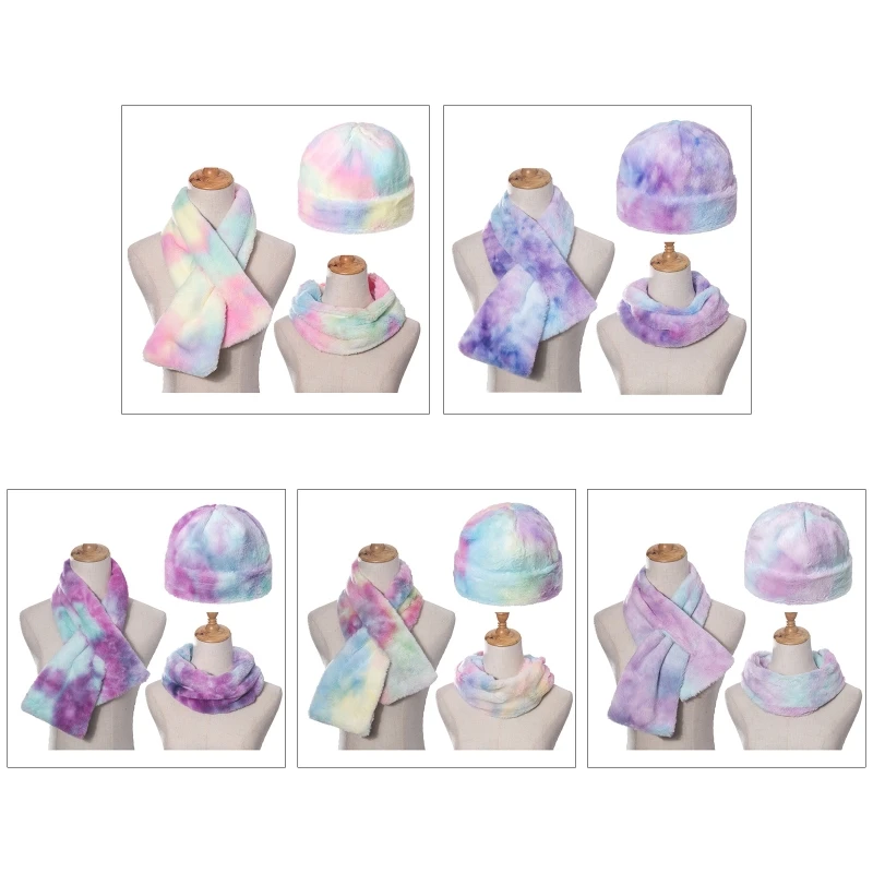

3Pcs Unisex Colorful Tie Dye Beanie Hat with Scarf Set Thick Fuzzy Plush Outdoor Windproof Cuffed Skull Cap Neck Warmer