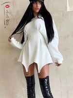 tossy 2022 fashion hooded dress for women white waist wrap bodycon mini dress spring long sleeve hoodies sweatshirt dresses